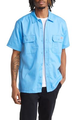 Dickies Solid Short Sleeve Button-Up Work Shirt in Azure Blue