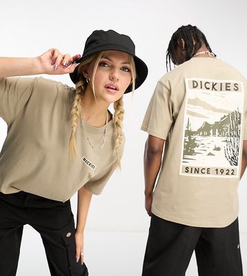 Dickies Unisex north plains mountain back print t-shirt in sand exclusive to ASOS-Neutral