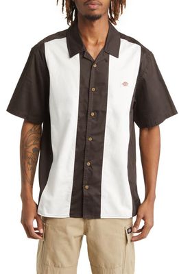 Dickies Westover Stripe Short Sleeve Button-Up Camp Shirt in Dark Brown