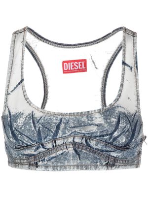 Diesel denim-patchwork mesh top - Blue