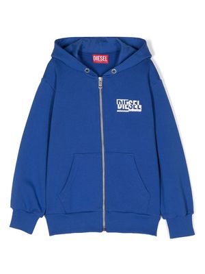 Diesel Kids logo-print zipped cotton hoodie - Blue