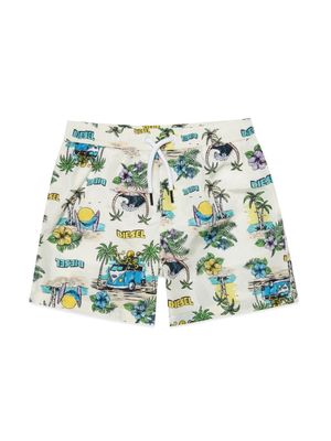 Diesel Kids MPLAY palm tree-print swim shorts - White