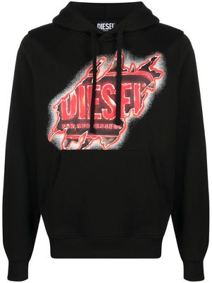 Diesel ripped logo print hoodie - Black