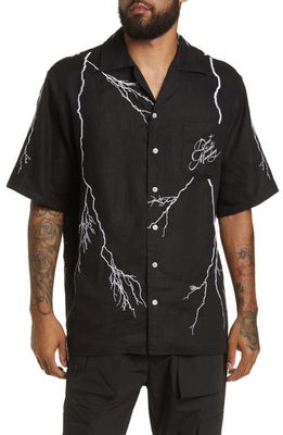 DIET STARTS MONDAY Lightning Embroidered Short Sleeve Linen Button-Up Camp Shirt in Black