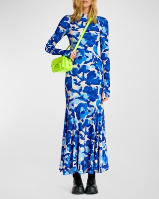 Dieval Long Floral-Print Mock-Neck Jersey Dress