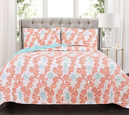 Dina Coral 3-Piece FL/QN Blue/Coral Quilt Set by Lush Decor