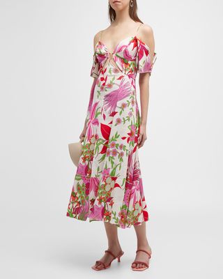 Dina Cutout Floral Linen-Blend Midi Dress