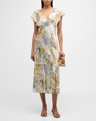 Dina Diffused Bloom Flutter-Sleeve Midi Dress