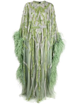 Dina Melwani beaded feather-trim gown - Green