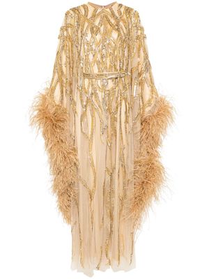 Dina Melwani feather-trim beaded gown - Gold