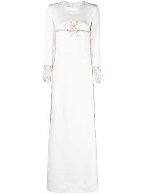 Dina Melwani floral-embroidered crepe gown - White