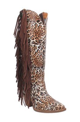 Dingo Cheetah Fringe Knee High Western Boot in Brown