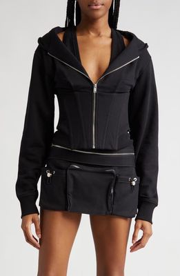 Dion Lee Layered Corset Detail Front Zip Organic Cotton Hoodie in Black