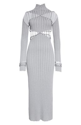 Dion Lee Light Reflective Braided Cuff Cutout Long Sleeve Sweater Dress in Silver