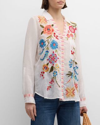 Dionne Floral-Embroidered Button-Down Shirt