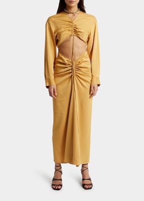 Disconnect Ruched Tie-Front Cut-Out Maxi Dress