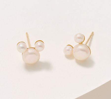 Disney Cultured Pearl Mickey Stud Earrings, 14K Yellow Gold