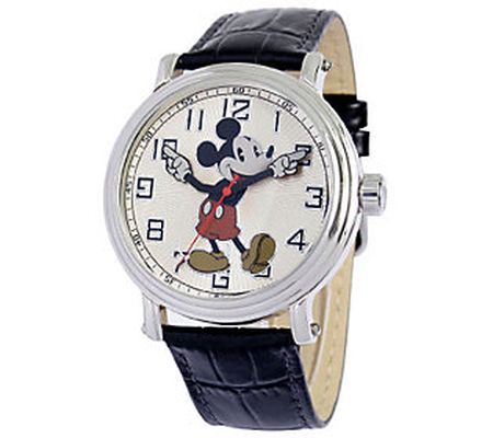 Disney Men's Vintage Mickey Watch w/ Black Leat her Strap
