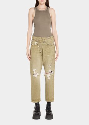 Distressed Cross-Over Straight Ankle Jeans