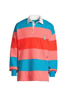 Distressed Long-Sleeve Stripe Polo Shirt