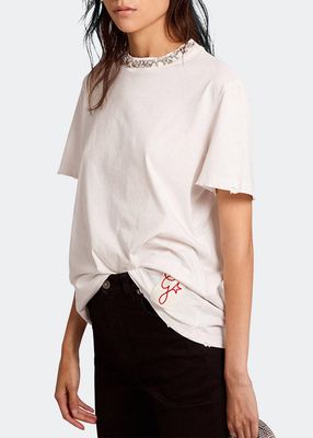 Distressed Short-Sleeve Embellished T-Shirt