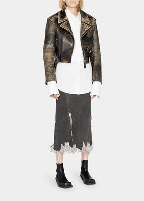 Distressed Side-Slit Midi Denim Skirt