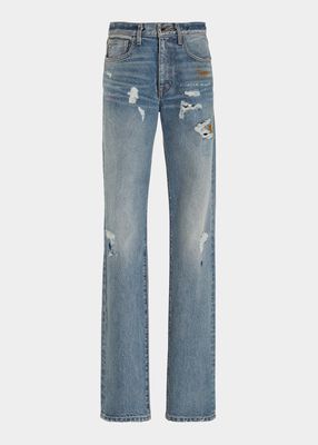 Distressed Straight-Leg Denim Jeans