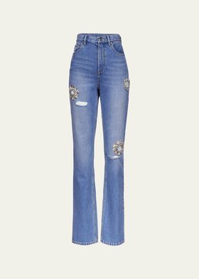 Distressed Straight-Leg Jeans with Crystal Detail