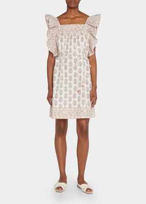 Divya Ruffle-Sleeve Floral Cotton Mini Dress