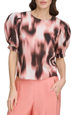 DKNY Abstract Print Puff Sleeve Voile Top in Abstract Dot 