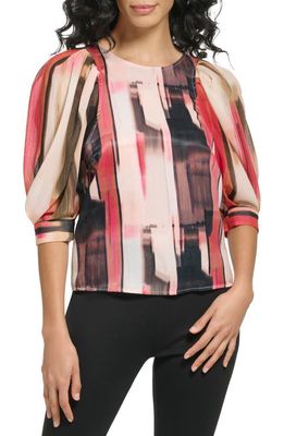 DKNY Abstract Stripe Puff Sleeve Satin Blouse in Amalfi Pink/Pristine Multi