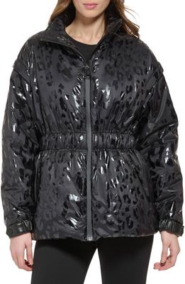 DKNY Allover Animal Print Puffer Jacket in Black/Black