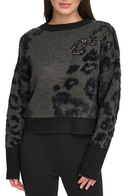 DKNY Animal Jacquard Sequin Long Sleeve Sweater in Granite Heather/Black