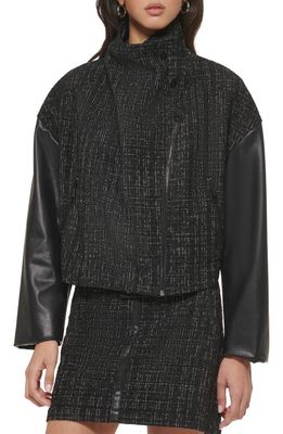 DKNY Bouclé Tweed & Faux Leather Jacket in Black