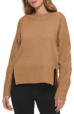 DKNY Braided Mock Neck High-Low Sweater in Fawn
