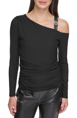 DKNY Cold Shoulder Long Sleeve Mixed Media Top in Black