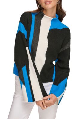 DKNY Colorblock Mock Neck Cotton Blend Sweater in Black/Electric Blue