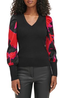 DKNY Contrast Sleeve Rib Sweater in Black/Black/Crimson Multi