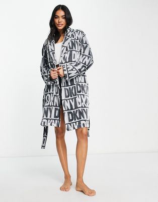 DKNY cozy chenille logo print gift wrapped robe in gray