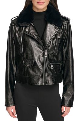 DKNY Crackle Faux Leather Moto Jacket with Faux Fur Collar in Black
