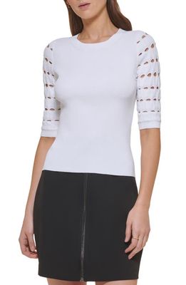 DKNY Cutout Sleeve Rib Sweater in White