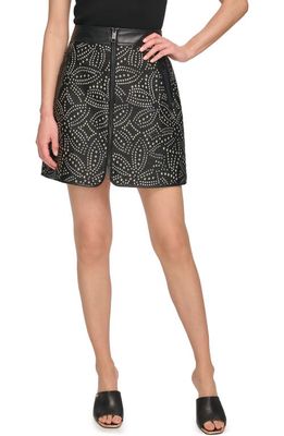 DKNY Embroidered Faux Leather Miniskirt in Silver/Black
