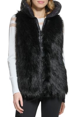 DKNY Faux Fur Hooded Puffer Vest in Black