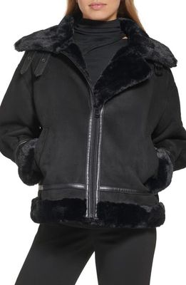 DKNY Faux Fur Lined Moto Jacket in Black/Black