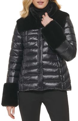 DKNY Faux Fur Trim Puffer Jacket in Black