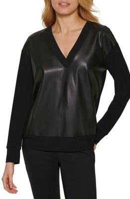 DKNY Faux Leather Front V-Neck Sweatshirt in Black
