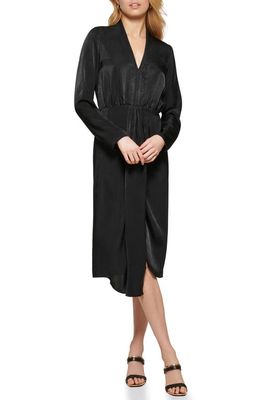 DKNY Gathered Long Sleeve Faux Wrap Dress in Black
