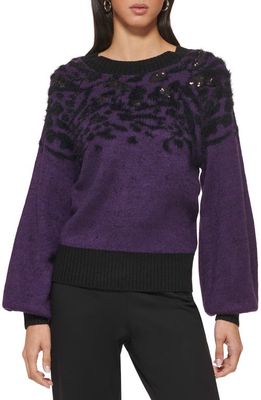 DKNY Jacquard Sequin Puff Sleeve Sweater in Blackberry