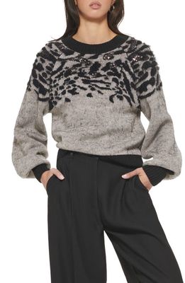 DKNY Jacquard Sequin Puff Sleeve Sweater in Pebble Heather