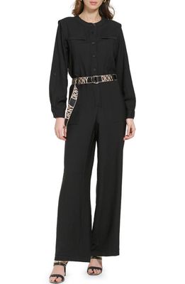 DKNY Logo Belt Long Sleeve Jumpsuit in Black